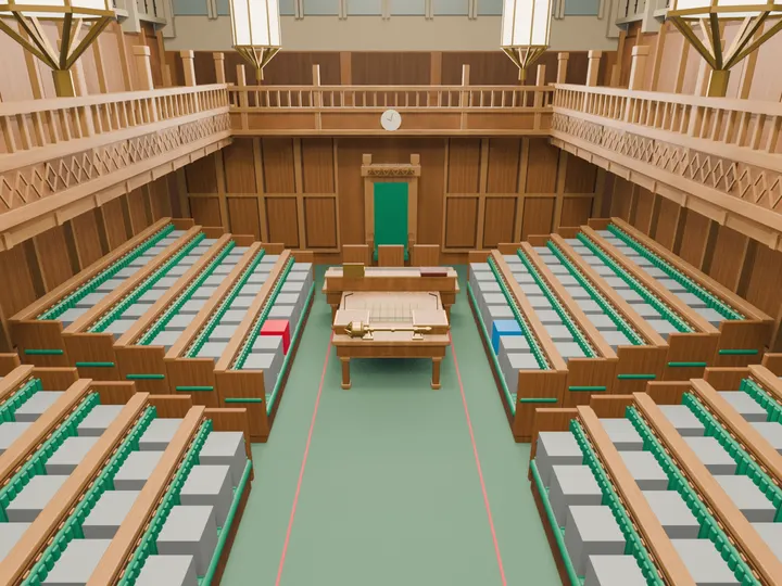 A model of the House of Commons chamber seen from the bar, facing the Speaker's chair: the government benches on the left and the opposition benches on the right.