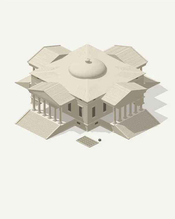 The ruined villa seen from above, with its dome lifted away to show the rooms inside